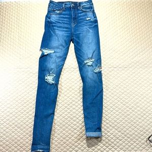 American Eagle High Rise Super Stretch Jeans Size 4L Unfinished Hem Distressed